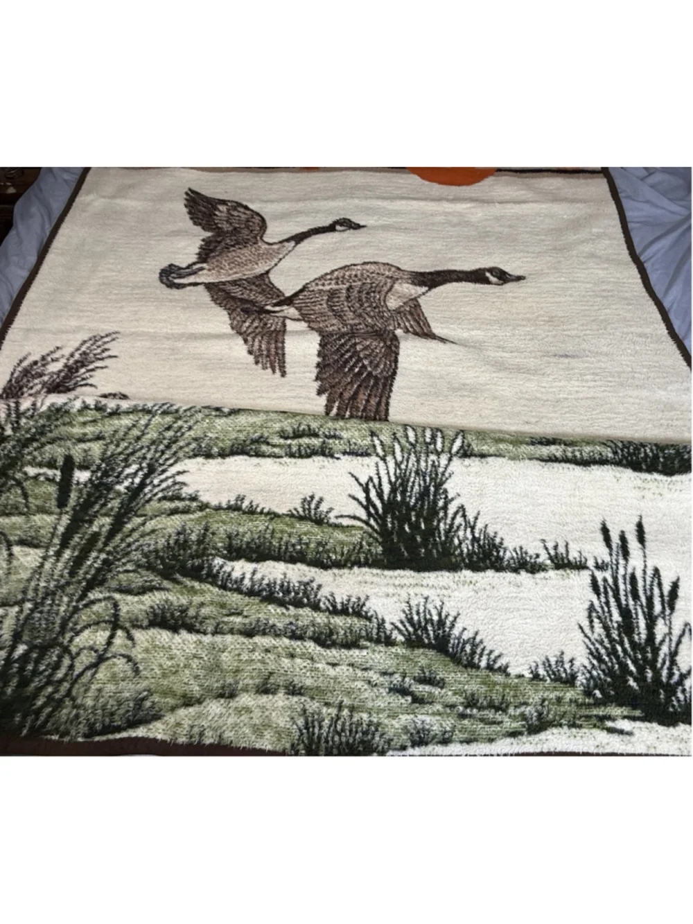 Vintage Biederlack Throw Blanket Reversible Ducks Geese Sunset Camp Retro 72x56